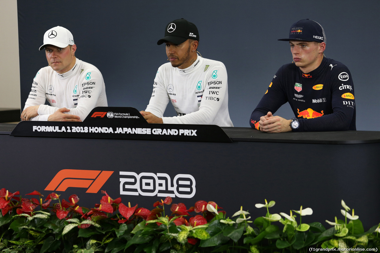 GP GIAPPONE, 06.10.2018 - Qualifiche, Conferenza Stampa, Valtteri Bottas (FIN) Mercedes AMG F1 W09, Lewis Hamilton (GBR) Mercedes AMG F1 W09 e Max Verstappen (NED) Red Bull Racing RB14