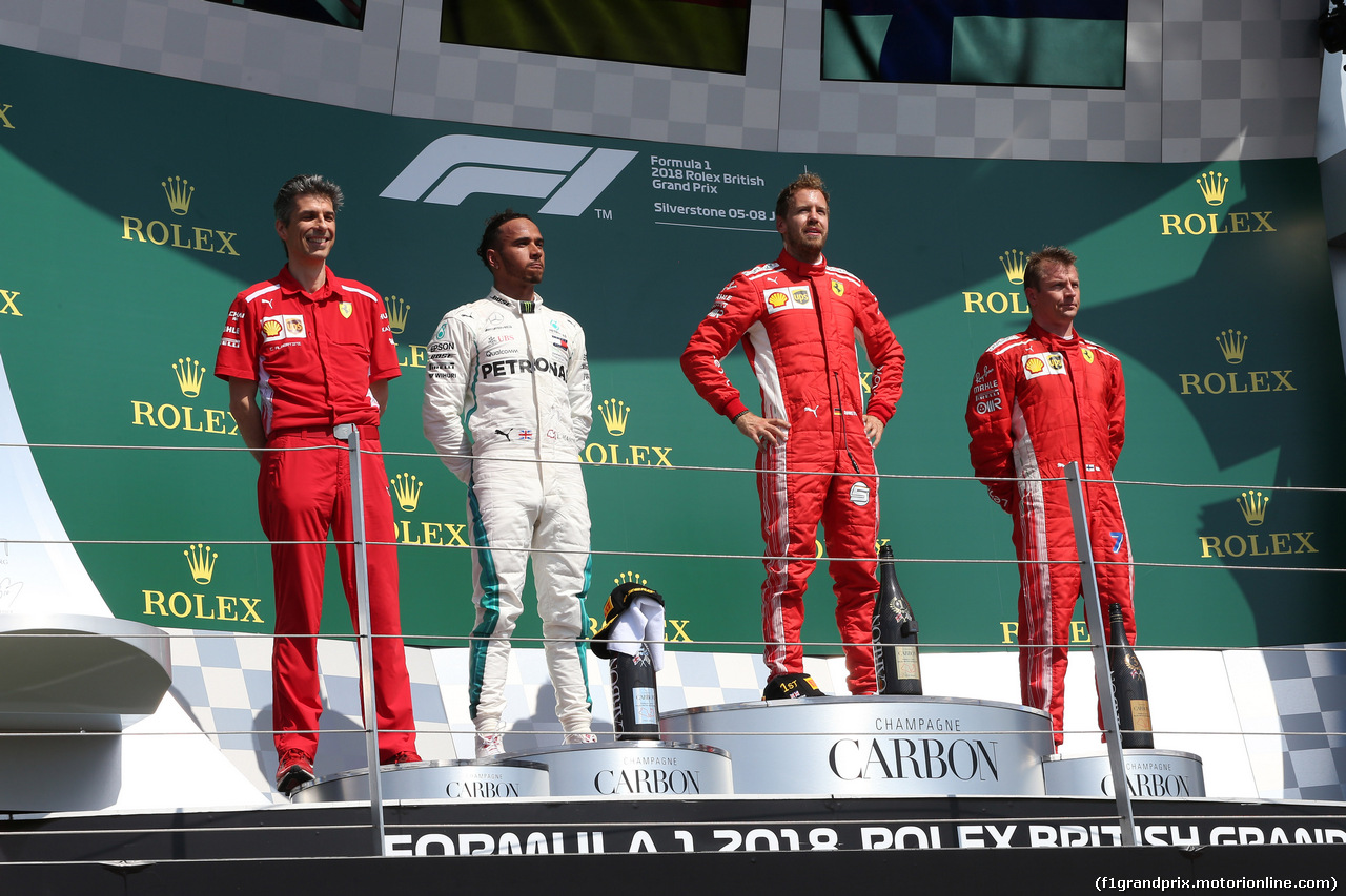 GP GRAN BRETAGNA, 08.07.2018- Podium, winner Sebastian Vettel (GER) Ferrari SF71H, 2nd Lewis Hamilton (GBR) Mercedes AMG F1 W09 3rd Kimi Raikkonen (FIN) Ferrari SF71H