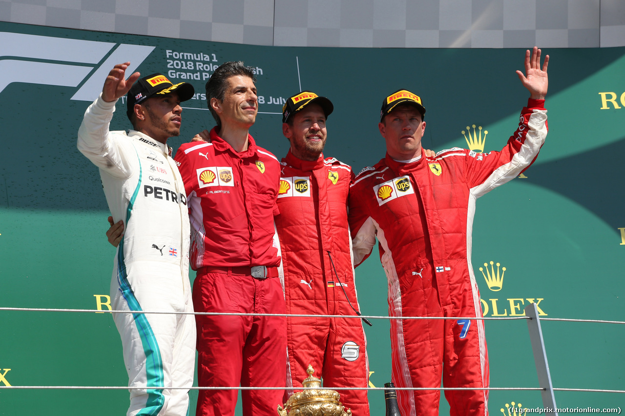 GP GRAN BRETAGNA, 08.07.2018- Podium, winner Sebastian Vettel (GER) Ferrari SF71H, 2nd Lewis Hamilton (GBR) Mercedes AMG F1 W09 3rd Kimi Raikkonen (FIN) Ferrari SF71H