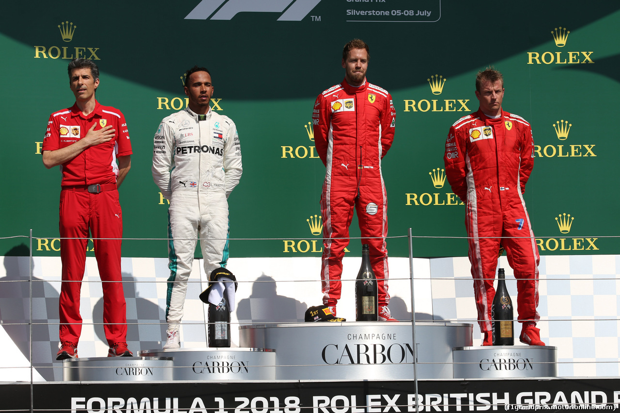 GP GRAN BRETAGNA, 08.07.2018- podium, Winner Sebastian Vettel (GER) Ferrari SF71H, 2nd place Lewis Hamilton (GBR) Mercedes AMG F1 W09 , 3rd place Kimi Raikkonen (FIN) Ferrari SF71H