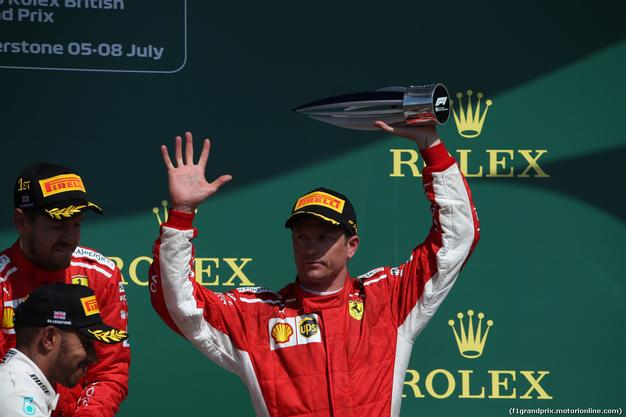 GP GRAN BRETAGNA, 08.07.2018- Podium, winner Sebastian Vettel (GER) Ferrari SF71H, 2nd place Lewis Hamilton (GBR) Mercedes AMG F1 W09, 3rd Kimi Raikkonen (FIN) Ferrari SF71H