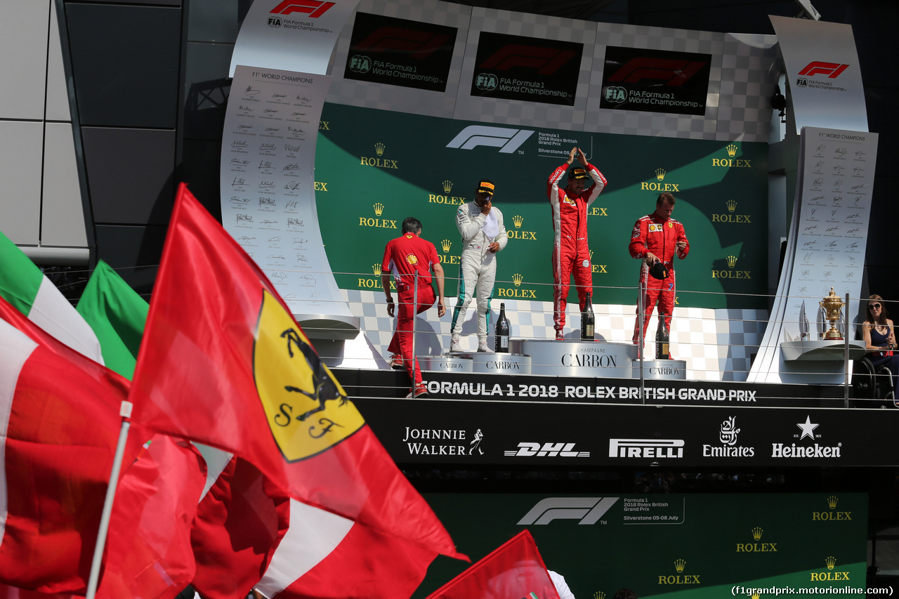 GP GRAN BRETAGNA, 08.07.2018- Podium, winner Sebastian Vettel (GER) Ferrari SF71H, 2nd place Lewis Hamilton (GBR) Mercedes AMG F1 W09, 3rd Kimi Raikkonen (FIN) Ferrari SF71H
