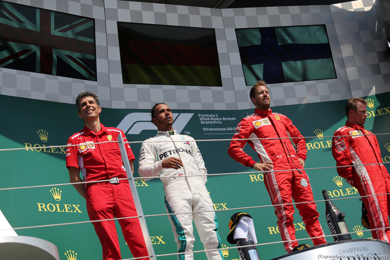 GP GRAN BRETAGNA, 08.07.2018- Podium, winner Sebastian Vettel (GER) Ferrari SF71H, 2nd place Lewis Hamilton (GBR) Mercedes AMG F1 W09, 3rd Kimi Raikkonen (FIN) Ferrari SF71H