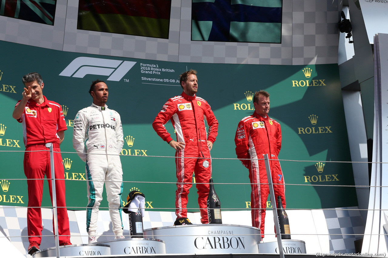 GP GRAN BRETAGNA, 08.07.2018- Podium, winner Sebastian Vettel (GER) Ferrari SF71H, 2nd place Lewis Hamilton (GBR) Mercedes AMG F1 W09, 3rd Kimi Raikkonen (FIN) Ferrari SF71H