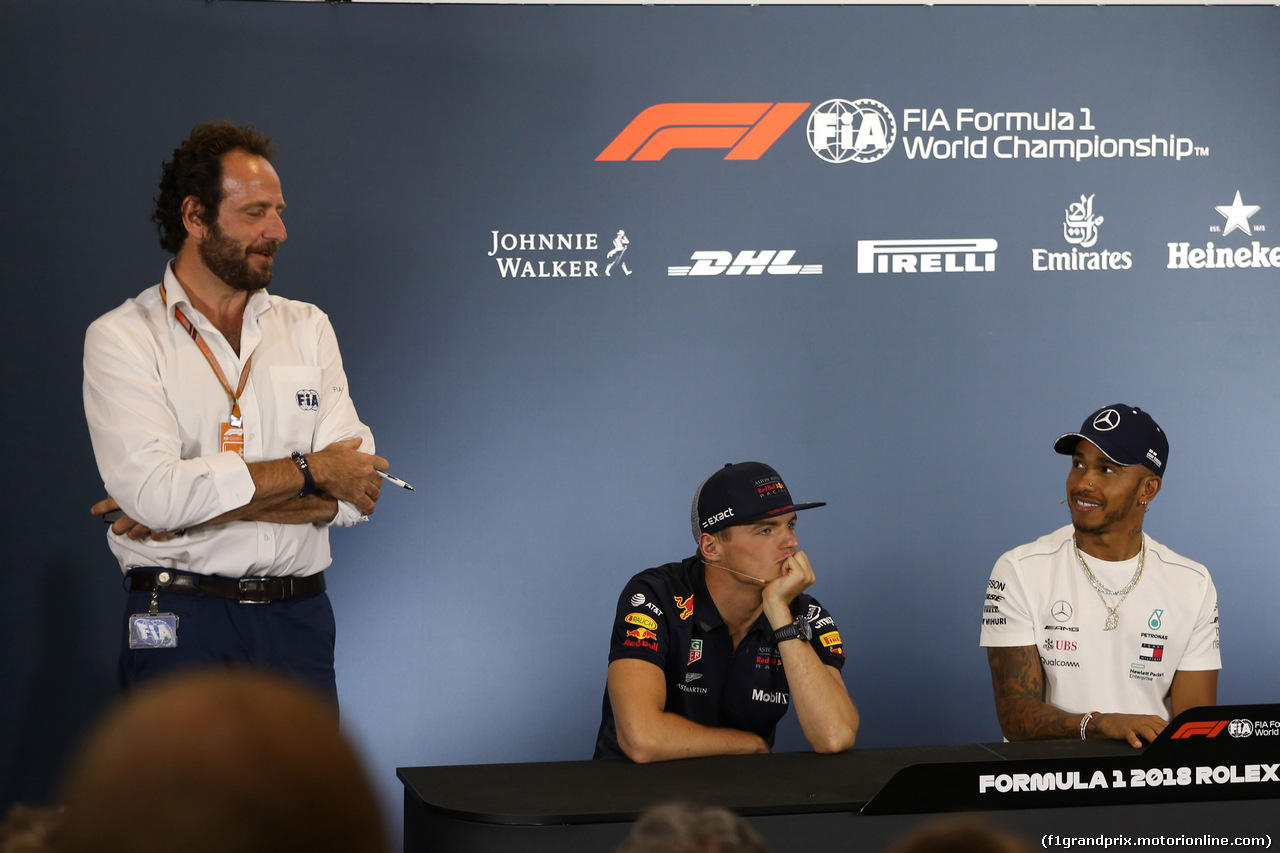 GP GRAN BRETAGNA, 05.07.2018- Giovedi' Official Fia press conference, L to R Matteo Bonciani (ITA), F1 Head of Communications,  Max Verstappen (NED) Red Bull Racing RB14, Lewis Hamilton (GBR) Mercedes AMG F1 W09
