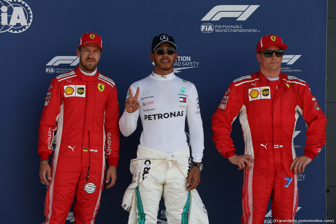 GP GRAN BRETAGNA, 07.07.2018- pole position celebration in parc fermee, Pole Position Lewis Hamilton (GBR) Mercedes AMG F1 W09 , 2nd place Sebastian Vettel (GER) Ferrari SF71H 3rd place Kimi Raikkonen (FIN) Ferrari SF71H