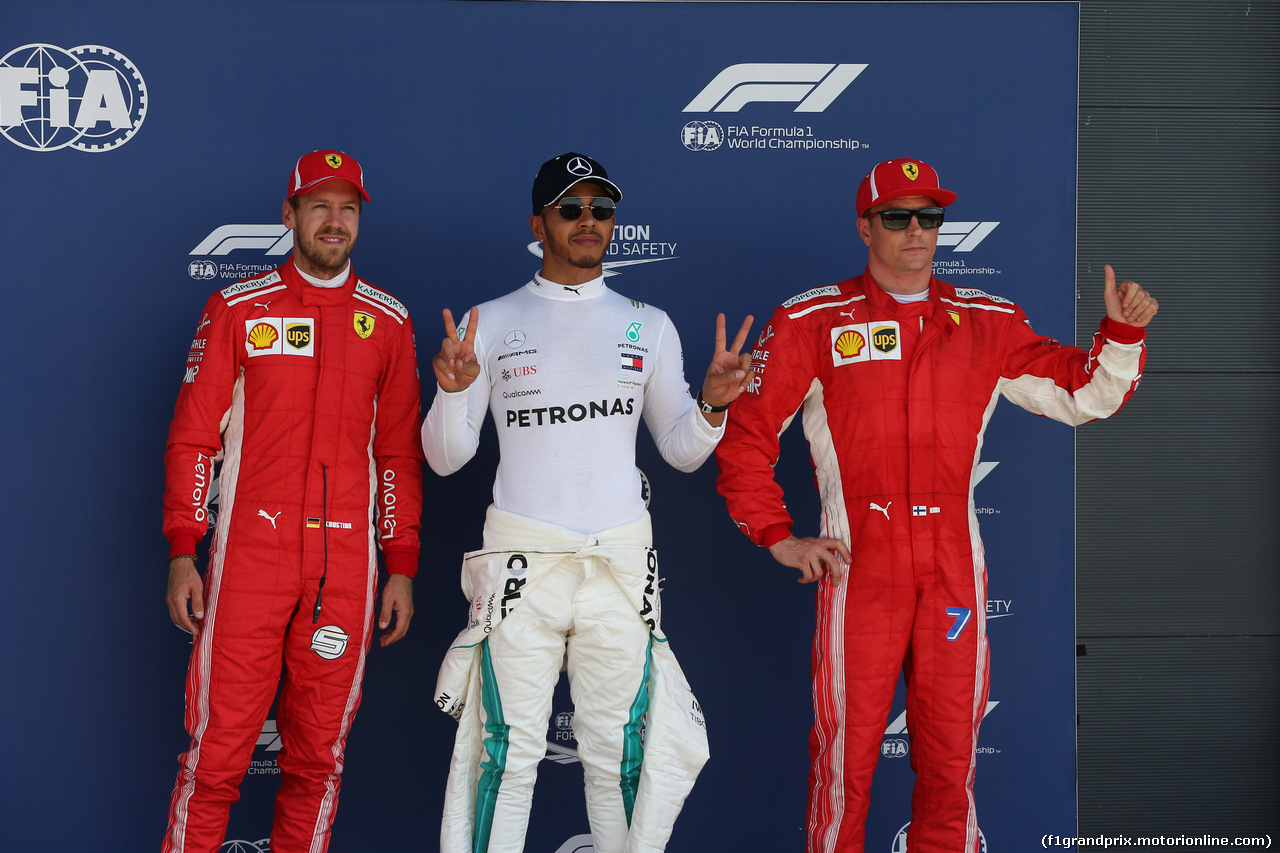 GP GRAN BRETAGNA, 07.07.2018- pole position celebration in parc fermee, Pole Position Lewis Hamilton (GBR) Mercedes AMG F1 W09 , 2nd place Sebastian Vettel (GER) Ferrari SF71H 3rd place Kimi Raikkonen (FIN) Ferrari SF71H