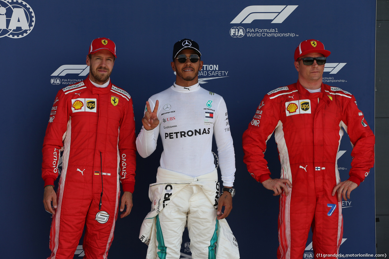GP GRAN BRETAGNA, 07.07.2018- Qualifiche celebration, pole positionLewis Hamilton (GBR) Mercedes AMG F1 W09 2nd place Sebastian Vettel (GER) Ferrari SF71H, 3rd place Kimi Raikkonen (FIN) Ferrari SF71H