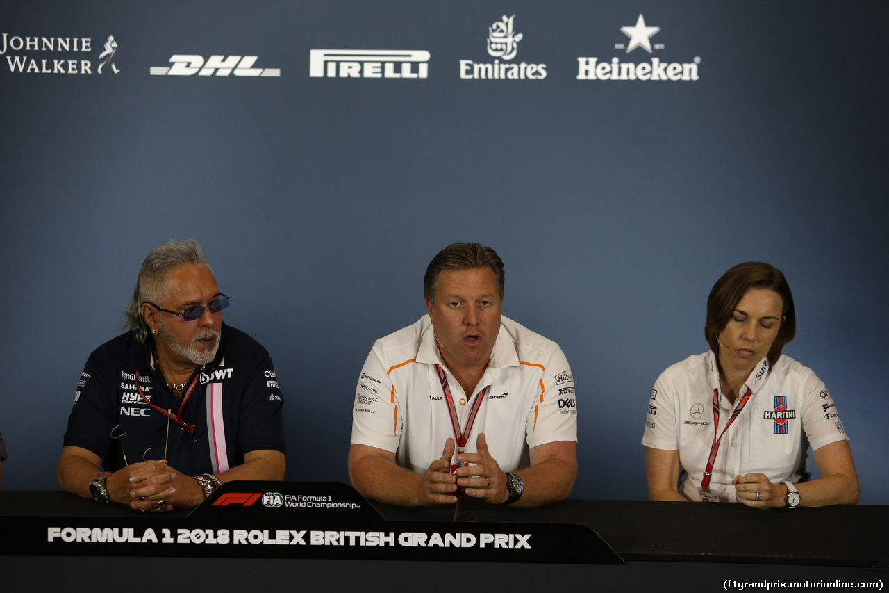 GP GRAN BRETAGNA, 06.07.2018- Venerdi' Official Fia press conference, L to R Vijay Mallya (IND) Sahara Force India F1 Team Owner, Zak Brown (USA) McLaren Executive Director e Claire Williams (GBR) Williams Deputy Team Principa