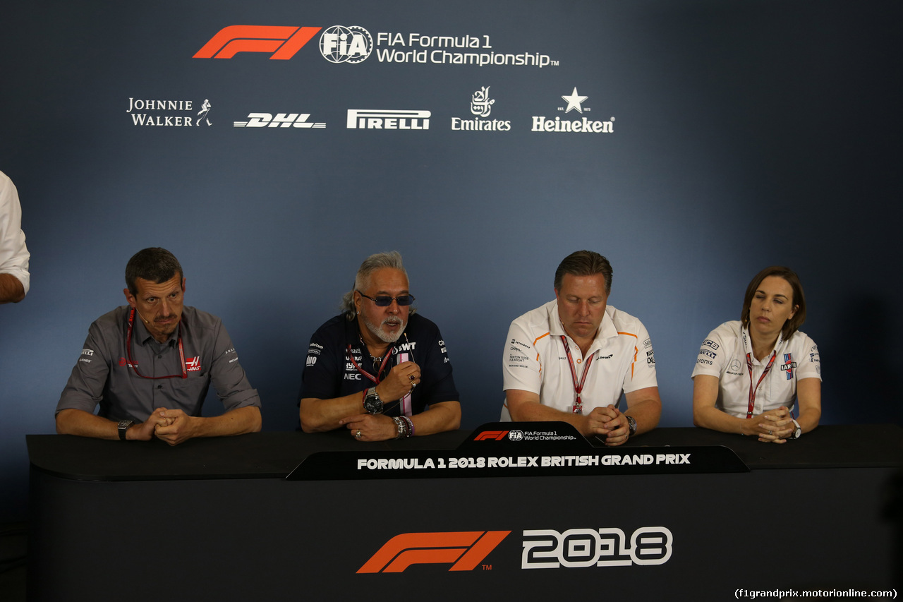 GP GRAN BRETAGNA, 06.07.2018- Venerdi' Official Fia press conference, L to R Guenther Steiner (ITA) Haas F1 Team Prinicipal, Vijay Mallya (IND) Sahara Force India F1 Team Owner, Zak Brown (USA) McLaren Executive Director e Claire Williams (GBR) Williams Deputy Team Principa