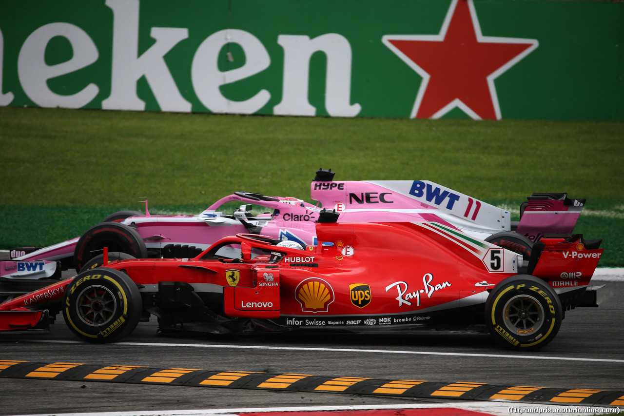 GP ITALIA, 02.09.2018 - Gara, Sebastian Vettel (GER) Ferrari SF71H e Sergio Perez (MEX) Racing Point Force India F1 VJM11