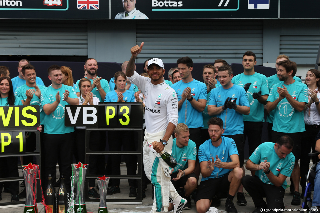 GP ITALIA, 02.09.2018 - Gara, Festeggiamenti, Lewis Hamilton (GBR) Mercedes AMG F1 W09 vincitore e Valtteri Bottas (FIN) Mercedes AMG F1 W09 3rd place