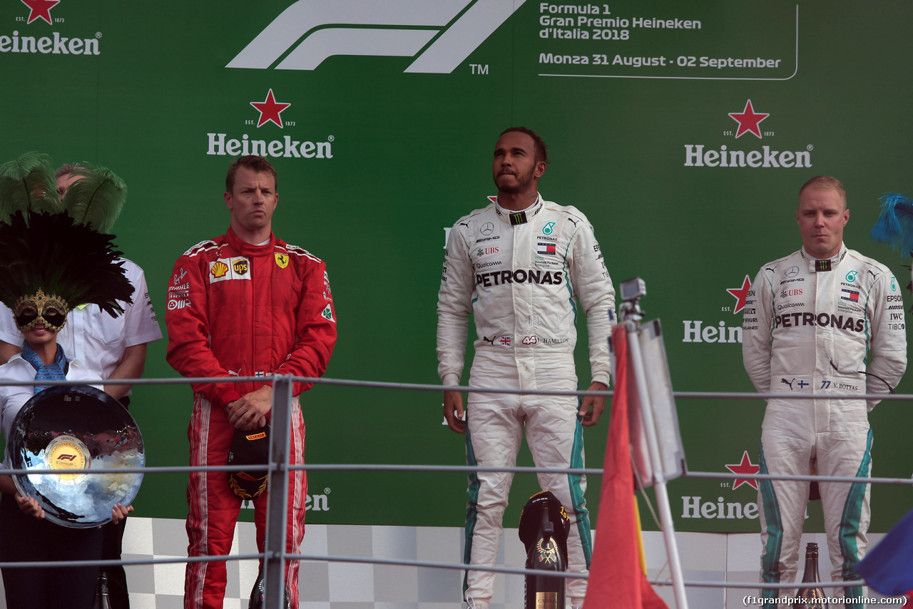 GP ITALIA, 02.09.2018 - Gara, 1st place Lewis Hamilton (GBR) Mercedes AMG F1 W09, 2nd place Kimi Raikkonen (FIN) Ferrari SF71H e 3rd place Valtteri Bottas (FIN) Mercedes AMG F1 W09