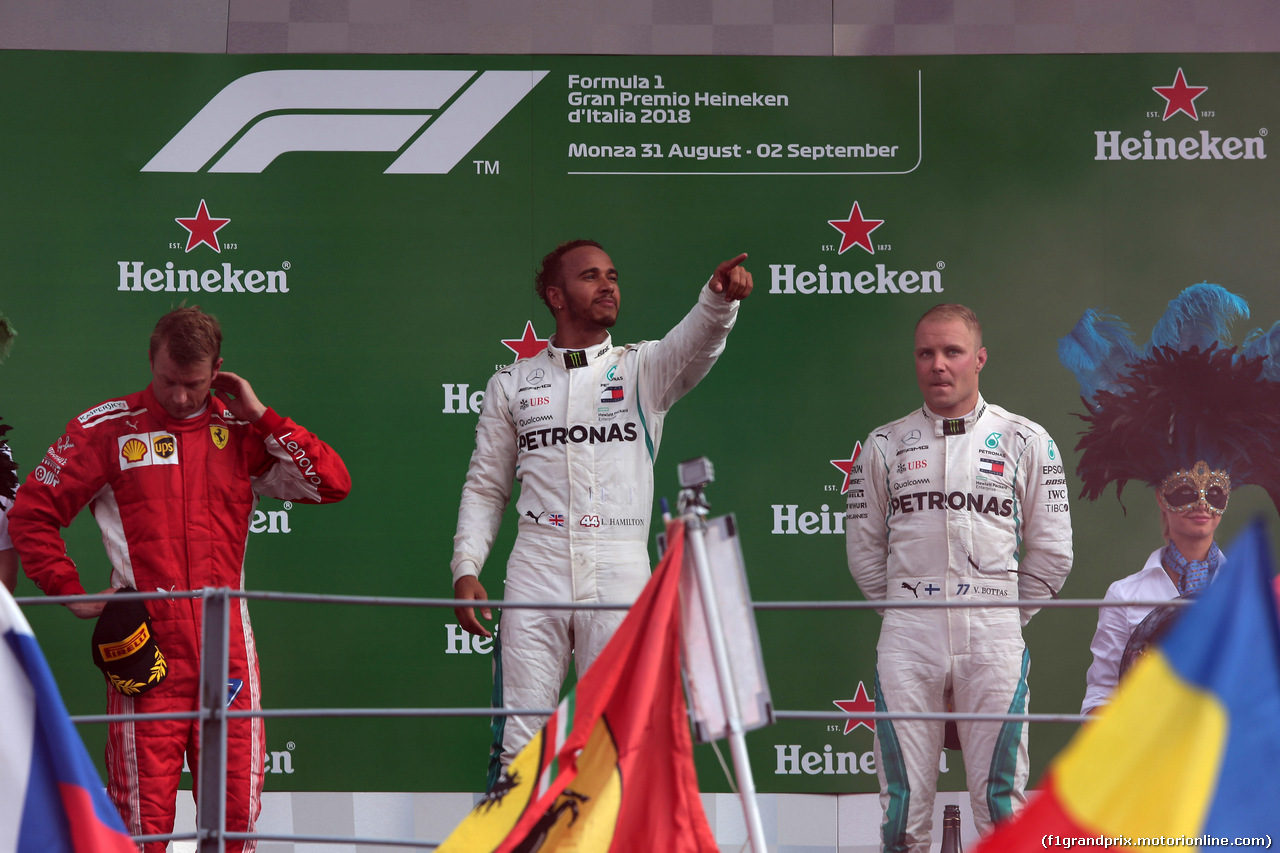 GP ITALIA, 02.09.2018 - Gara, 1st place Lewis Hamilton (GBR) Mercedes AMG F1 W09, 2nd place Kimi Raikkonen (FIN) Ferrari SF71H e 3rd place Valtteri Bottas (FIN) Mercedes AMG F1 W09