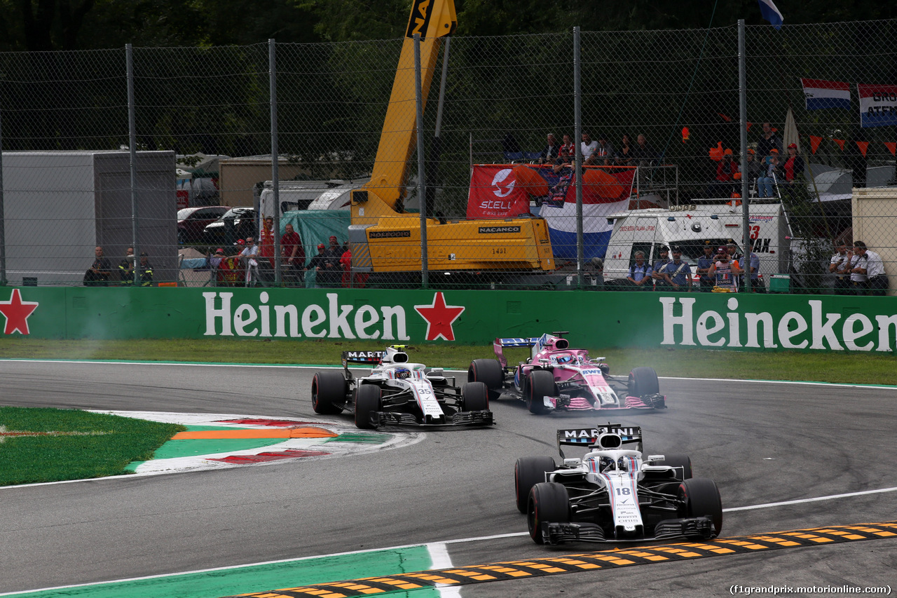 GP ITALIA, 02.09.2018 - Gara, Lance Stroll (CDN) Williams FW41 davanti a Sergey Sirotkin (RUS) Williams FW41 e Sergio Perez (MEX) Racing Point Force India F1 VJM11