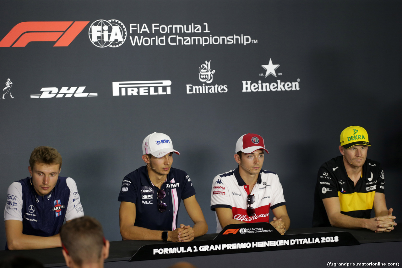 GP ITALIA, 30.08.2018 - Conferenza Stampa, Sergey Sirotkin (RUS) Williams FW41, Esteban Ocon (FRA) Racing Point Force India F1 VJM11, Charles Leclerc (MON) Sauber C37 e Nico Hulkenberg (GER) Renault Sport F1 Team RS18