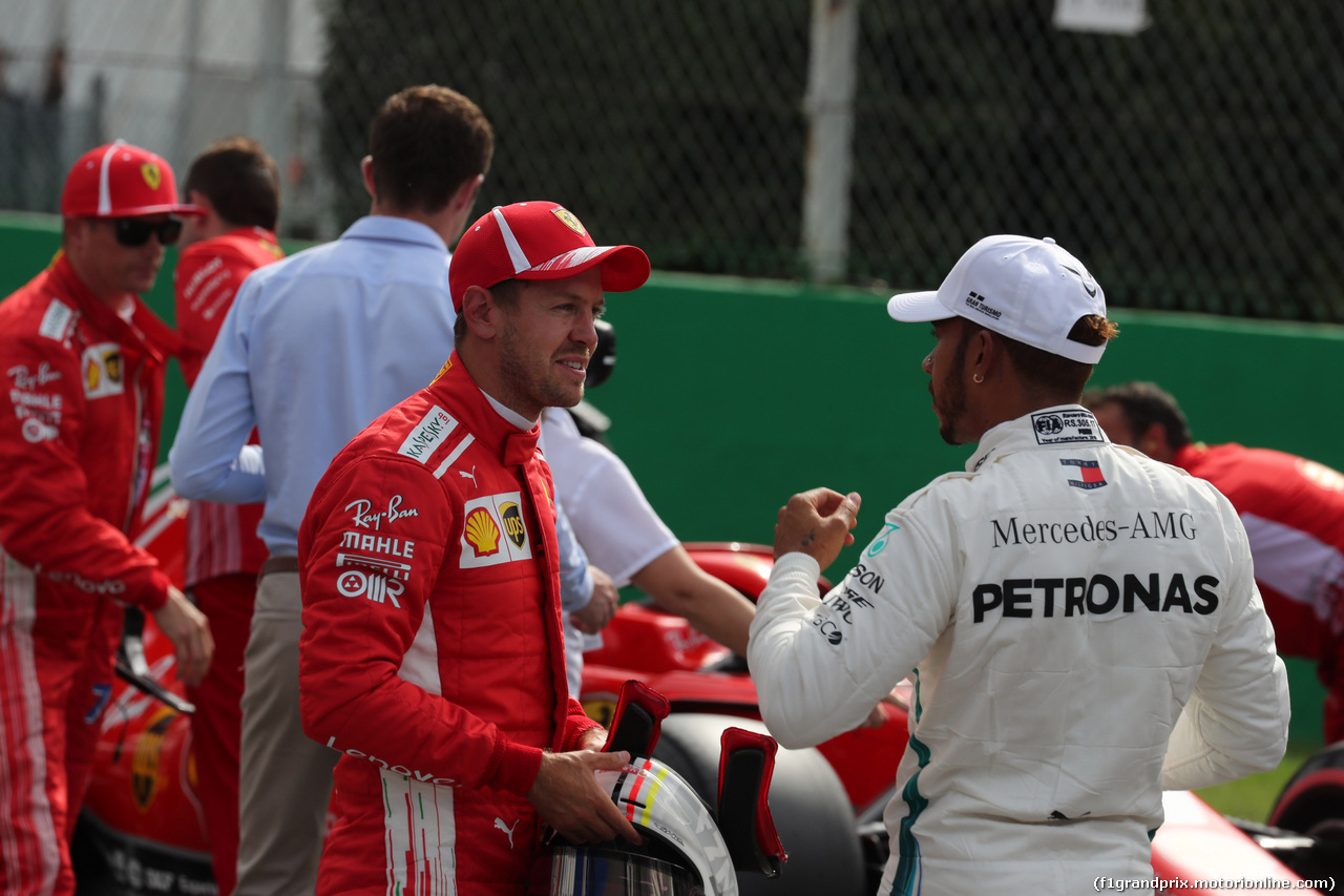 GP ITALIA, 01.09.2018 - Qualifiche, 2nd place Sebastian Vettel (GER) Ferrari SF71H e 3rd place Lewis Hamilton (GBR) Mercedes AMG F1 W09