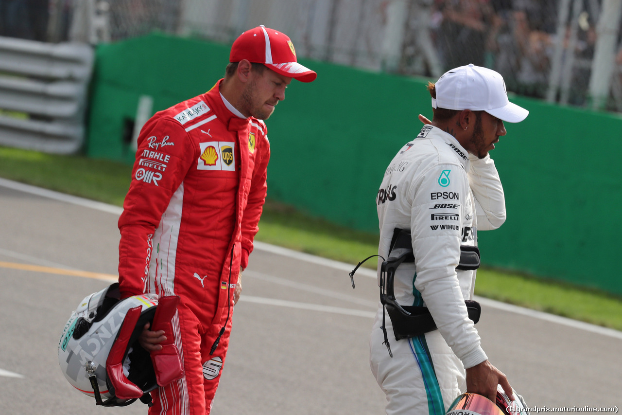 GP ITALIA, 01.09.2018 - Qualifiche, 2nd place Sebastian Vettel (GER) Ferrari SF71H e 3rd place Lewis Hamilton (GBR) Mercedes AMG F1 W09