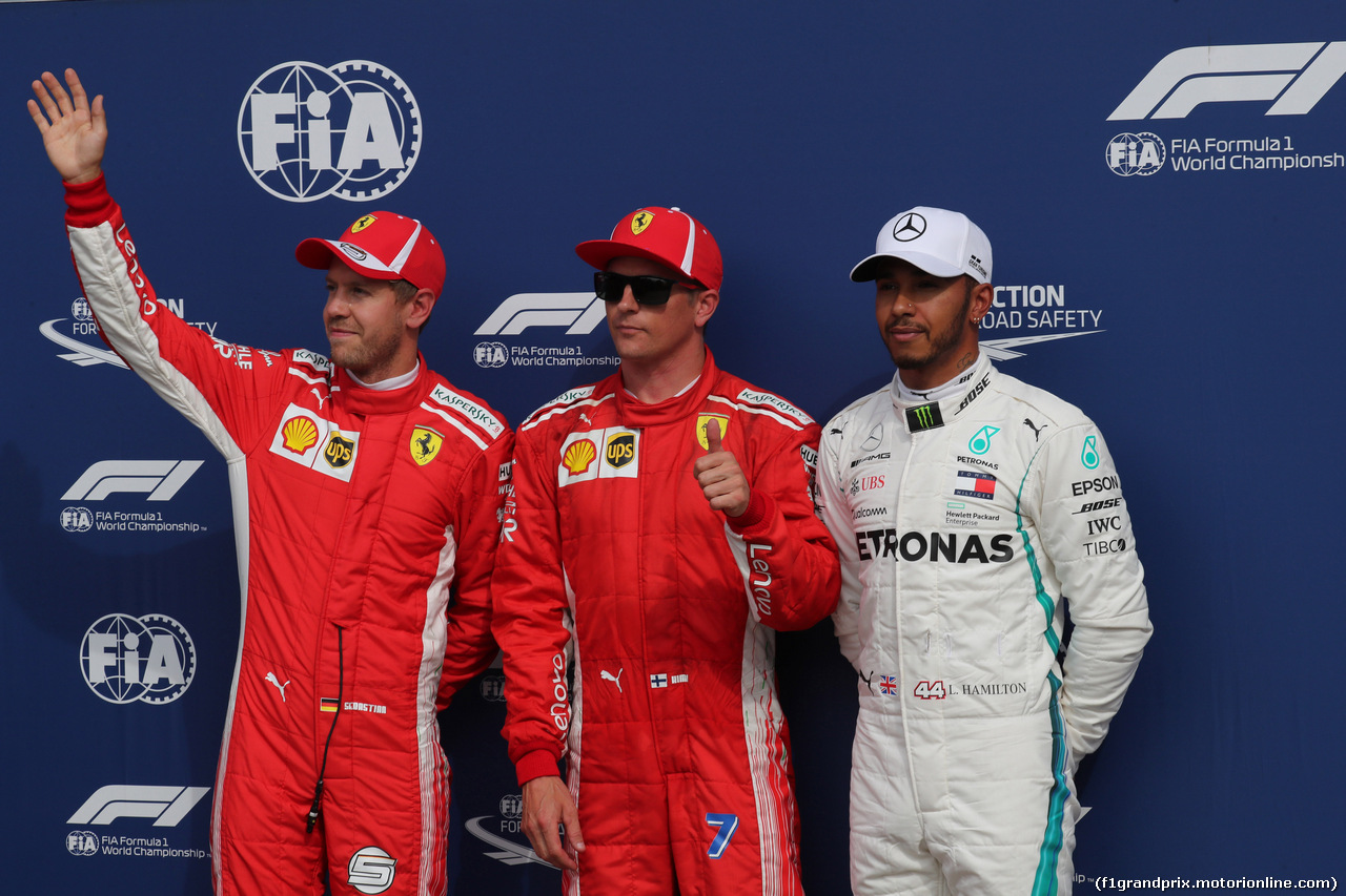 GP ITALIA, 01.09.2018 - Qualifiche, 2nd place Sebastian Vettel (GER) Ferrari SF71H, Kimi Raikkonen (FIN) Ferrari SF71H pole position e 3rd place Lewis Hamilton (GBR) Mercedes AMG F1 W09