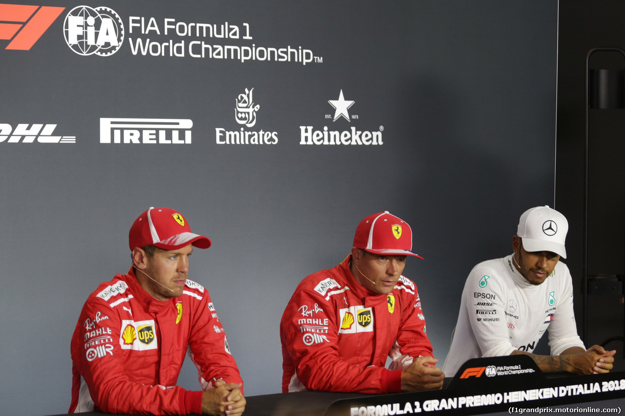 GP ITALIA, 01.09.2018 - Qualifiche, Conferenza Stampa, Sebastian Vettel (GER) Ferrari SF71H, Kimi Raikkonen (FIN) Ferrari SF71H e Lewis Hamilton (GBR) Mercedes AMG F1 W09