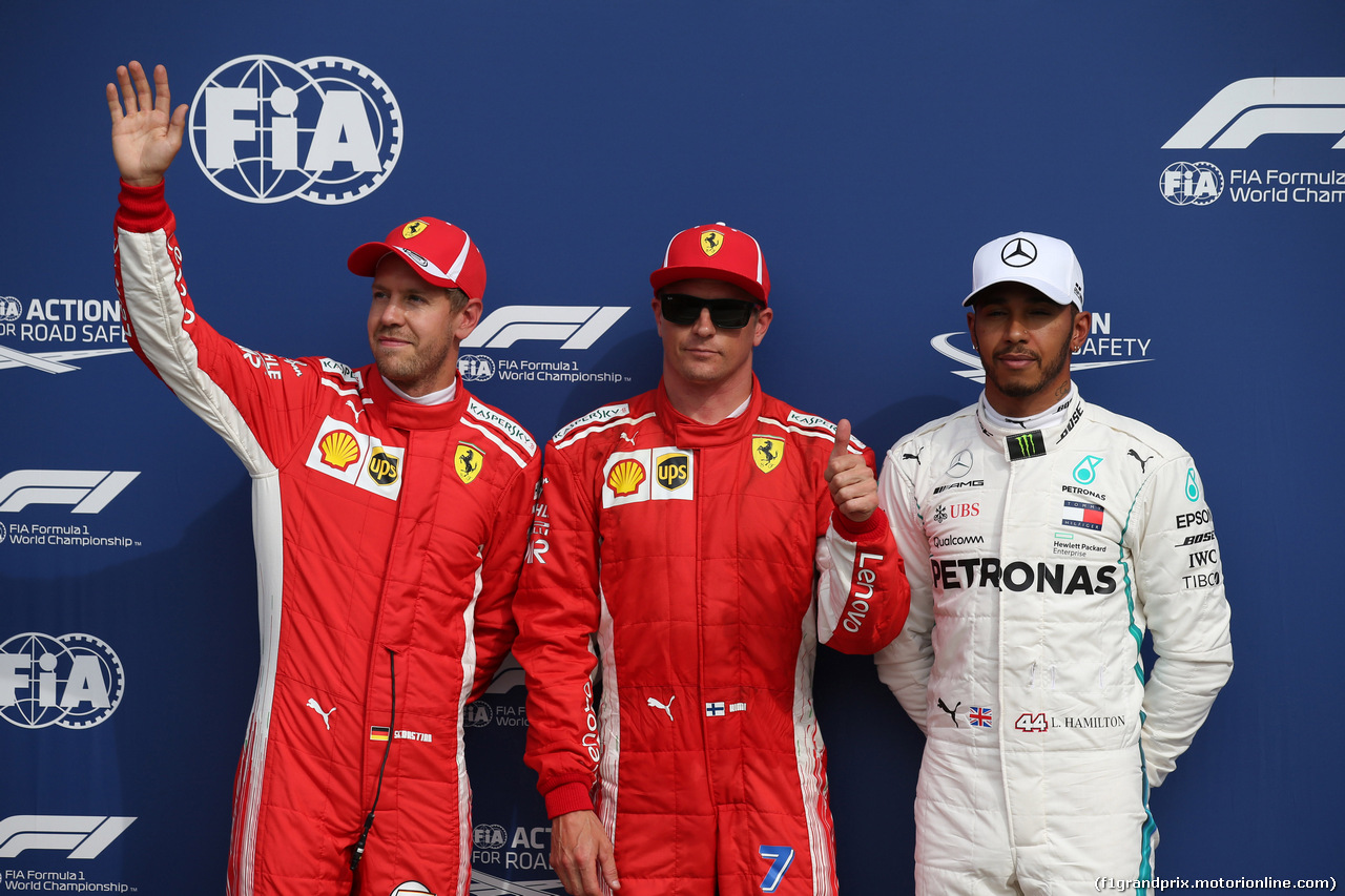 GP ITALIA, 01.09.2018 - Qualifiche, 2nd place Sebastian Vettel (GER) Ferrari SF71H, Kimi Raikkonen (FIN) Ferrari SF71H e 3rd place Lewis Hamilton (GBR) Mercedes AMG F1 W09