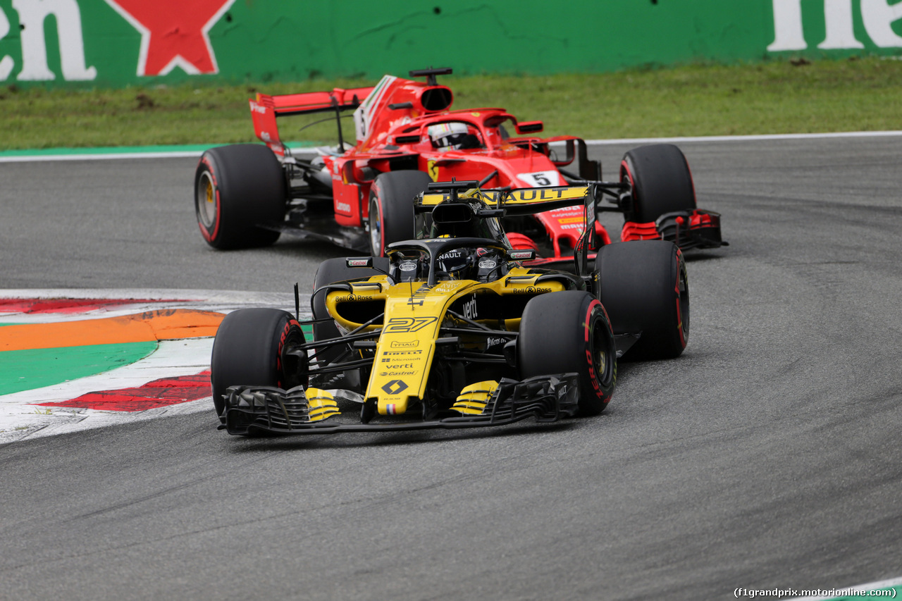 GP ITALIA, 01.09.2018 - Qualifiche, Sebastian Vettel (GER) Ferrari SF71H e Nico Hulkenberg (GER) Renault Sport F1 Team RS18