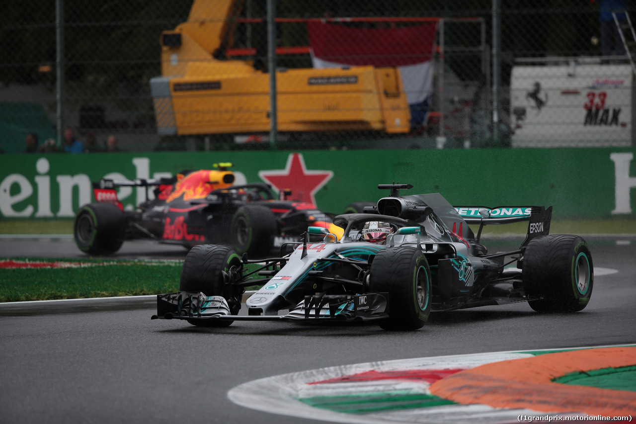 GP ITALIA, 31.08.2018 - Prove Libere 1, Lewis Hamilton (GBR) Mercedes AMG F1 W09 e Max Verstappen (NED) Red Bull Racing RB14