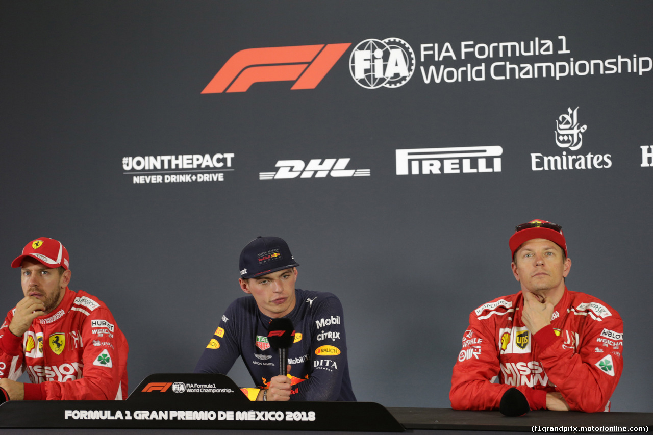 GP MESSICO, 28.10.2018 - Gara, Conferenza Stampa, Sebastian Vettel (GER) Ferrari SF71H, Max Verstappen (NED) Red Bull Racing RB14 e Kimi Raikkonen (FIN) Ferrari SF71H