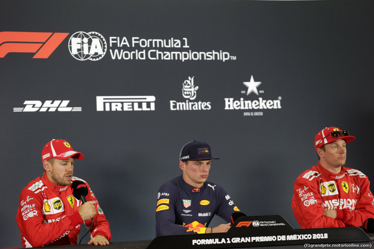 GP MESSICO, 28.10.2018 - Gara, Conferenza Stampa, Sebastian Vettel (GER) Ferrari SF71H, Max Verstappen (NED) Red Bull Racing RB14 e Kimi Raikkonen (FIN) Ferrari SF71H