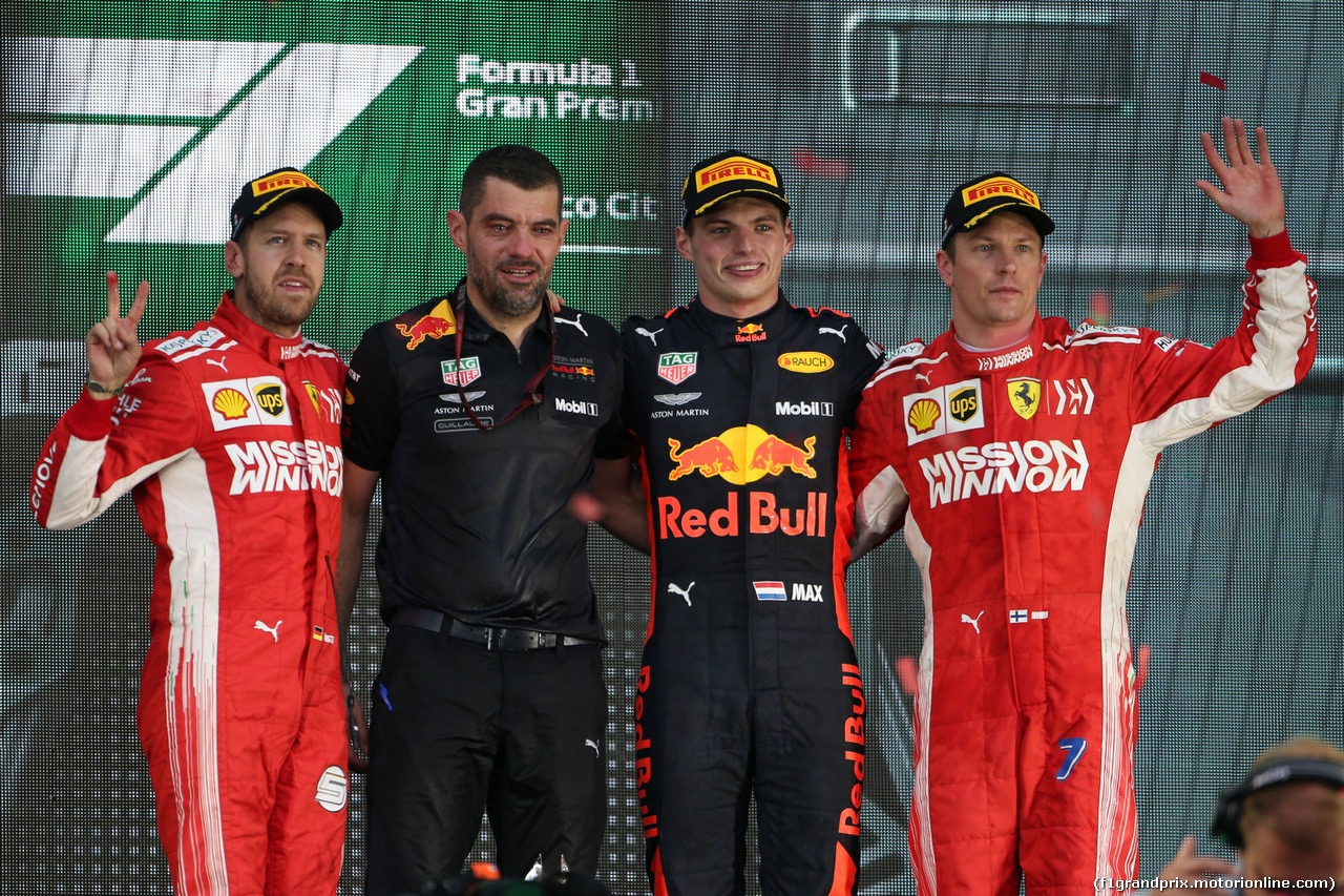 GP MESSICO, 28.10.2018 - Gara, 2nd place Sebastian Vettel (GER) Ferrari SF71H, Max Verstappen (NED) Red Bull Racing RB14 vincitore e 3rd place Kimi Raikkonen (FIN) Ferrari SF71H