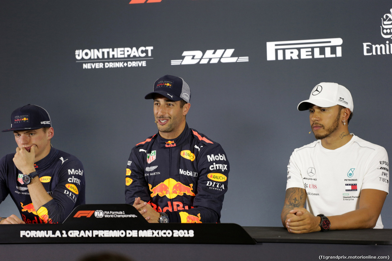 GP MESSICO, 27.10.2018 - Qualifiche, Conferenza Stampa, Max Verstappen (NED) Red Bull Racing RB14, Daniel Ricciardo (AUS) Red Bull Racing RB14 e Lewis Hamilton (GBR) Mercedes AMG F1 W09