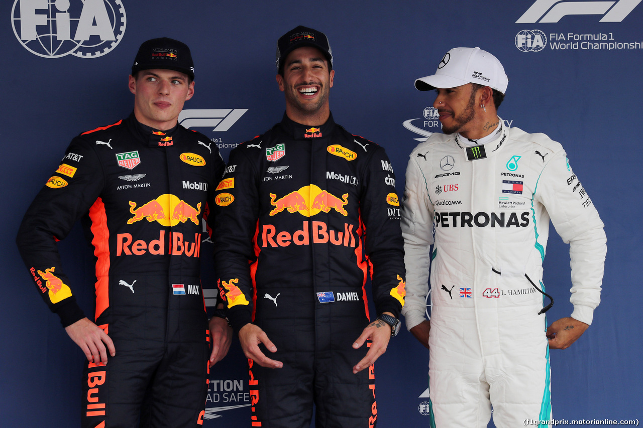 GP MESSICO, 27.10.2018 - Qualifiche, 2nd place Max Verstappen (NED) Red Bull Racing RB14, Daniel Ricciardo (AUS) Red Bull Racing RB14 pole position e 3rd place Lewis Hamilton (GBR) Mercedes AMG F1 W09