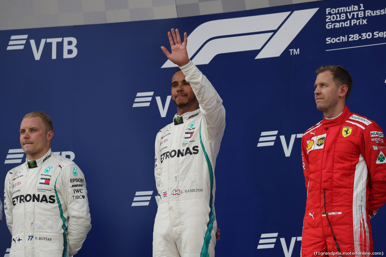 GP RUSSIA, 30.09.2018 - Gara, 2nd place Valtteri Bottas (FIN) Mercedes AMG F1 W09, Lewis Hamilton (GBR) Mercedes AMG F1 W09 vincitore e 3rd place Sebastian Vettel (GER) Ferrari SF71H