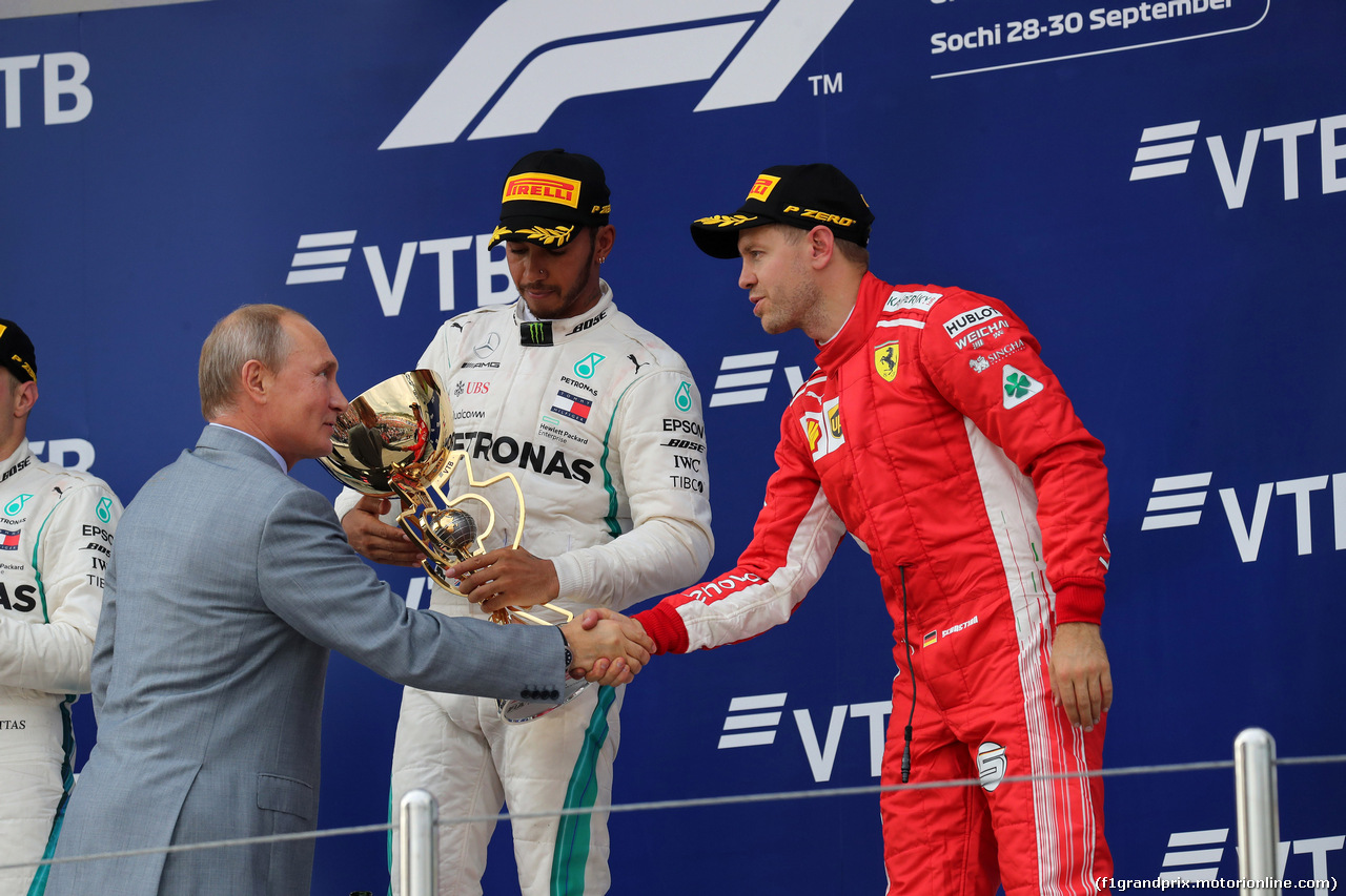 GP RUSSIA, 30.09.2018 - Gara, 3rd place Sebastian Vettel (GER) Ferrari SF71H with Vladimir Putin (RUS) Russian President.