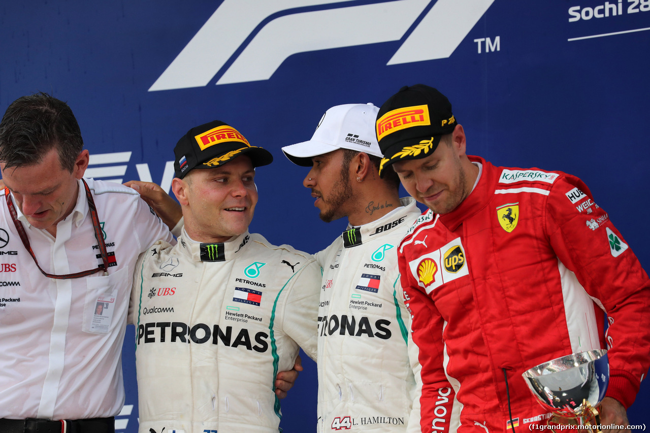 GP RUSSIA, 30.09.2018 - Gara, James Allison (GBR) Mercedes AMG F1, Technical Director, 2nd place Valtteri Bottas (FIN) Mercedes AMG F1 W09, Lewis Hamilton (GBR) Mercedes AMG F1 W09 vincitore e 3rd place Sebastian Vettel (GER) Ferrari SF71H