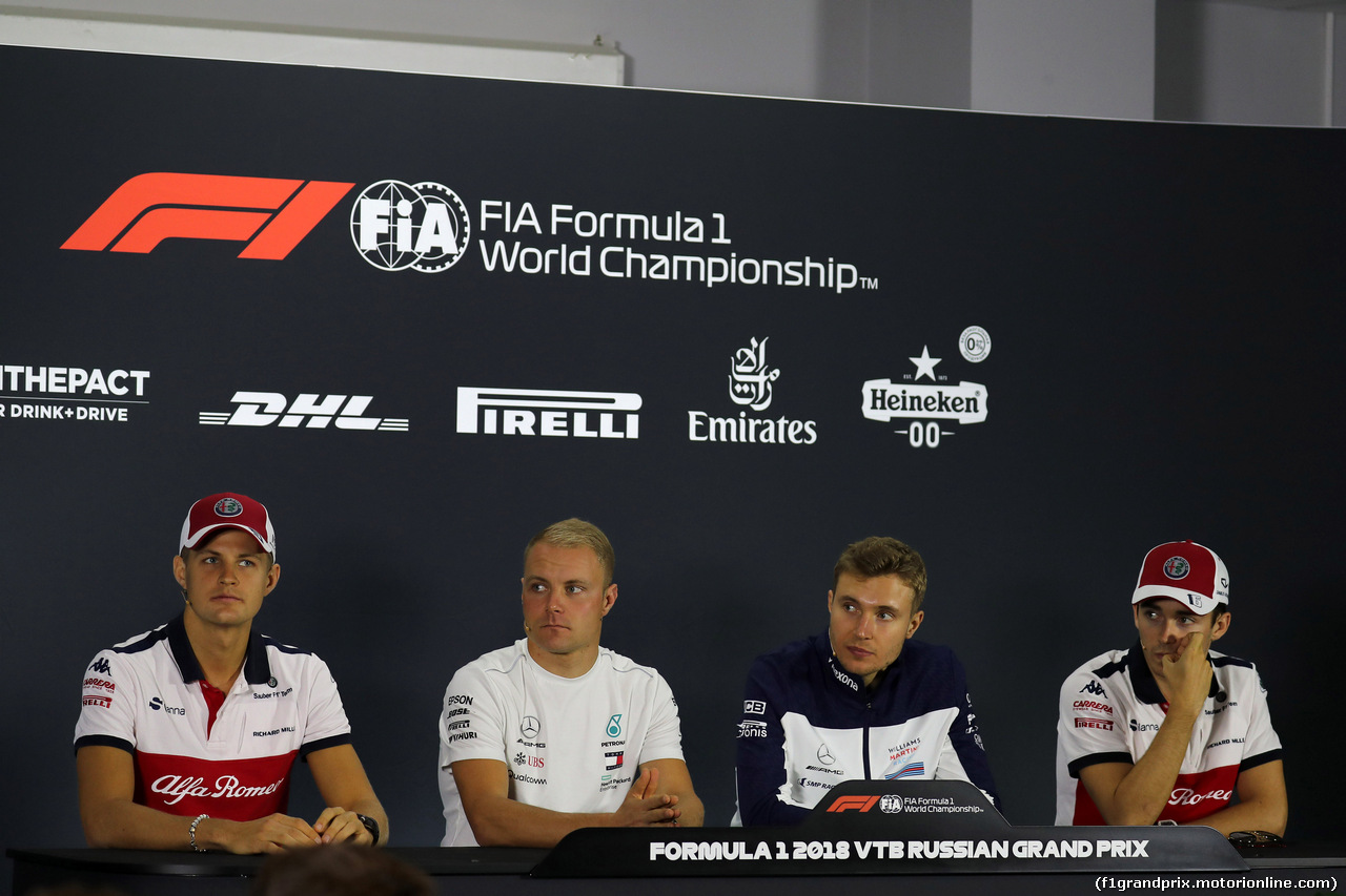 GP RUSSIA, 27.09.2018 - Conferenza Stampa, (L-R) Marcus Ericsson (SUE) Sauber C37, Valtteri Bottas (FIN) Mercedes AMG F1 W09, Sergey Sirotkin (RUS) Williams FW41 e Charles Leclerc (MON) Sauber C37