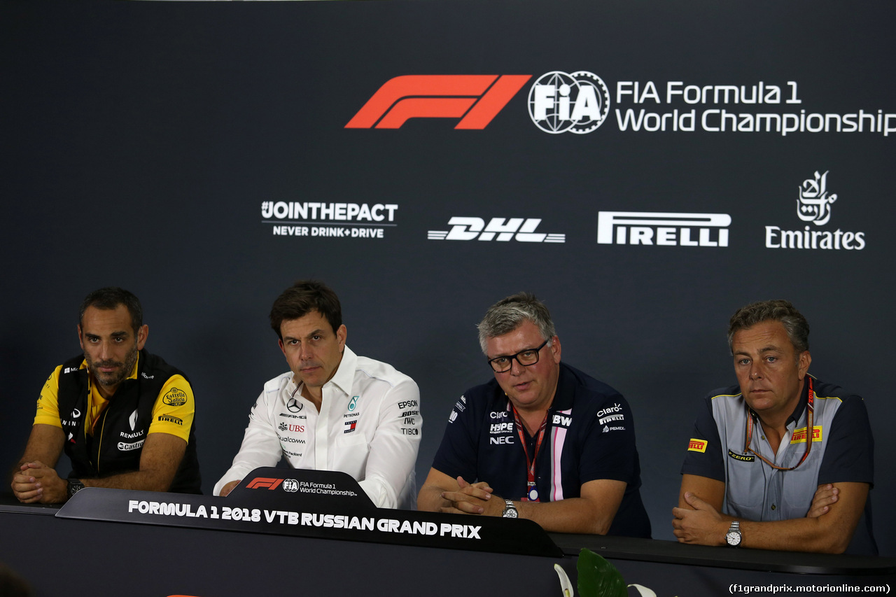 GP RUSSIA, 28.09.2018 - Conferenza Stampa, Cyril Abiteboul (FRA) Renault Sport F1 Managing Director, Toto Wolff (GER) Mercedes AMG F1 Shareholder e Executive Director, Otmar Szafnauer (USA) Racing Point Force India F1 Team Chief Operating Officer e Mario Isola (ITA), Pirelli Racing Manager