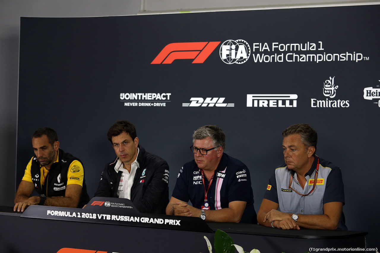 GP RUSSIA, 28.09.2018 - Conferenza Stampa, Cyril Abiteboul (FRA) Renault Sport F1 Managing Director, Toto Wolff (GER) Mercedes AMG F1 Shareholder e Executive Director, Otmar Szafnauer (USA) Racing Point Force India F1 Team Chief Operating Officer e Mario Isola (ITA), Pirelli Racing Manager