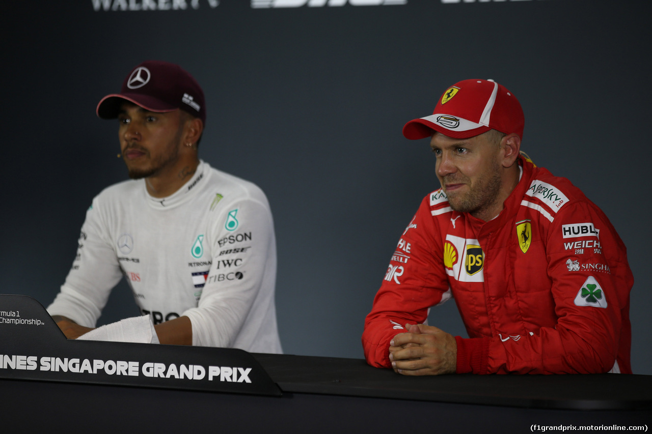 GP SINGAPORE, 15.09.2018 - Qualifiche, Conferenza Stampa, Lewis Hamilton (GBR) Mercedes AMG F1 W09 e Sebastian Vettel (GER) Ferrari SF71H