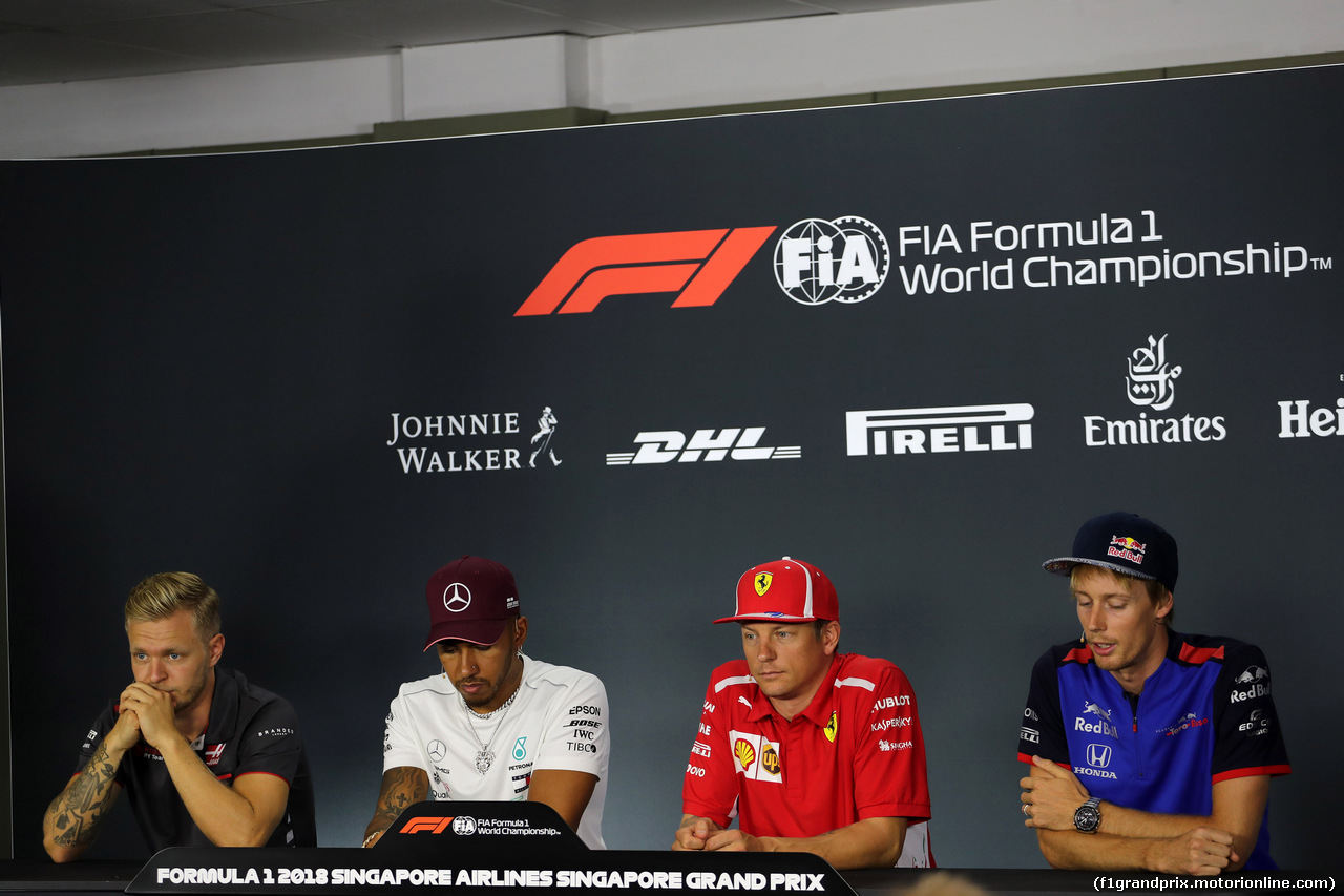 GP SINGAPORE, 13.09.2018 - Conferenza Stampa, Kevin Magnussen (DEN) Haas F1 Team VF-18, Lewis Hamilton (GBR) Mercedes AMG F1 W09, Kimi Raikkonen (FIN) Ferrari SF71H e Brendon Hartley (NZL) Scuderia Toro Rosso STR13