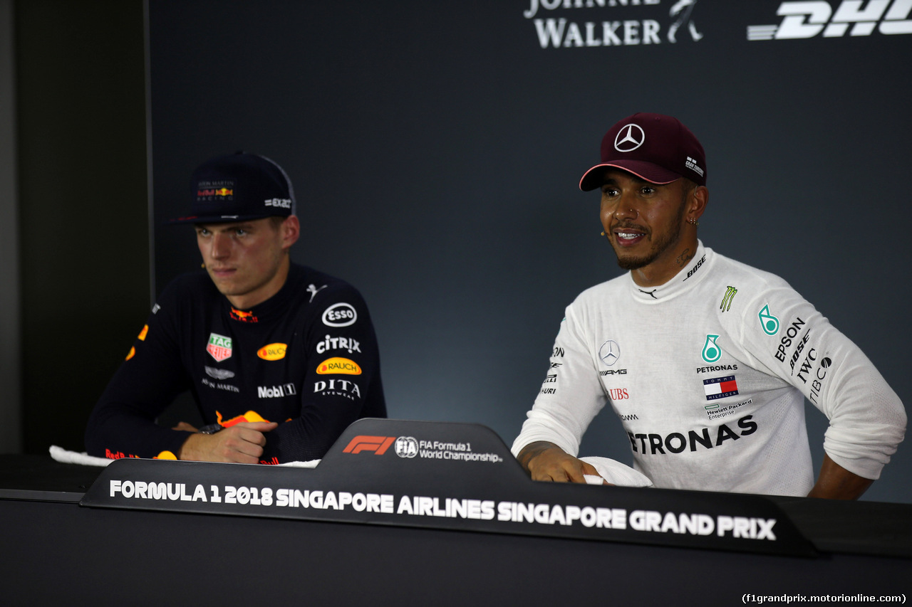 GP SINGAPORE, 15.09.2018 - Qualifiche, Conferenza Stampa, Max Verstappen (NED) Red Bull Racing RB14 e Lewis Hamilton (GBR) Mercedes AMG F1 W09