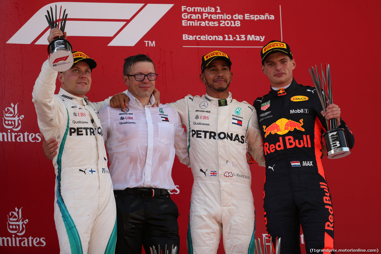 GP SPAGNA, 13.05.2018 - Gara, 2nd place Valtteri Bottas (FIN) Mercedes AMG F1 W09, Lewis Hamilton (GBR) Mercedes AMG F1 W09 vincitore e 3rd place Max Verstappen (NED) Red Bull Racing RB14