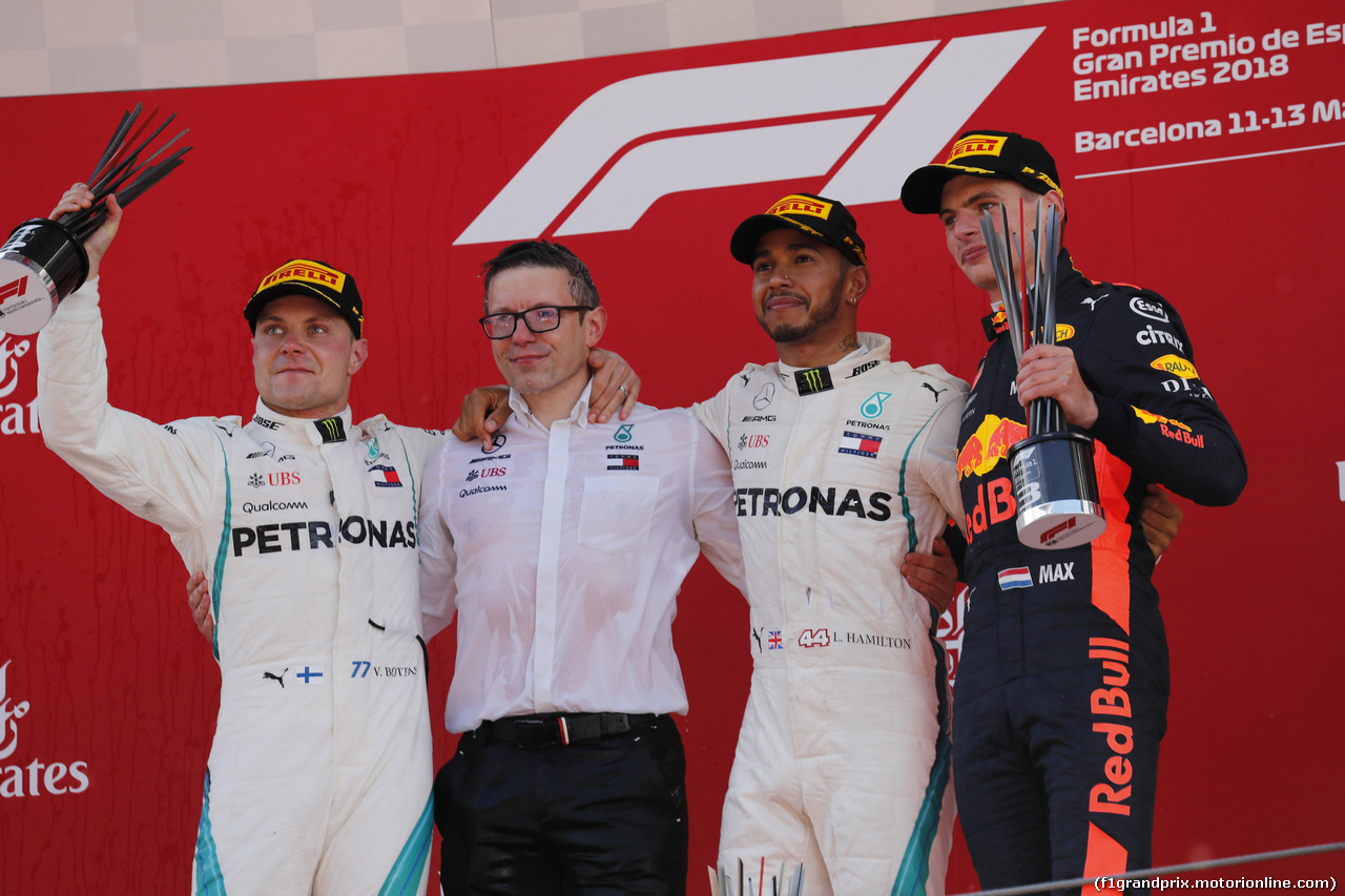 GP SPAGNA, 13.05.2018 - Gara, 1st place Lewis Hamilton (GBR) Mercedes AMG F1 W09, 2nd place Valtteri Bottas (FIN) Mercedes AMG F1 W09 e 3rd place Max Verstappen (NED) Red Bull Racing RB14