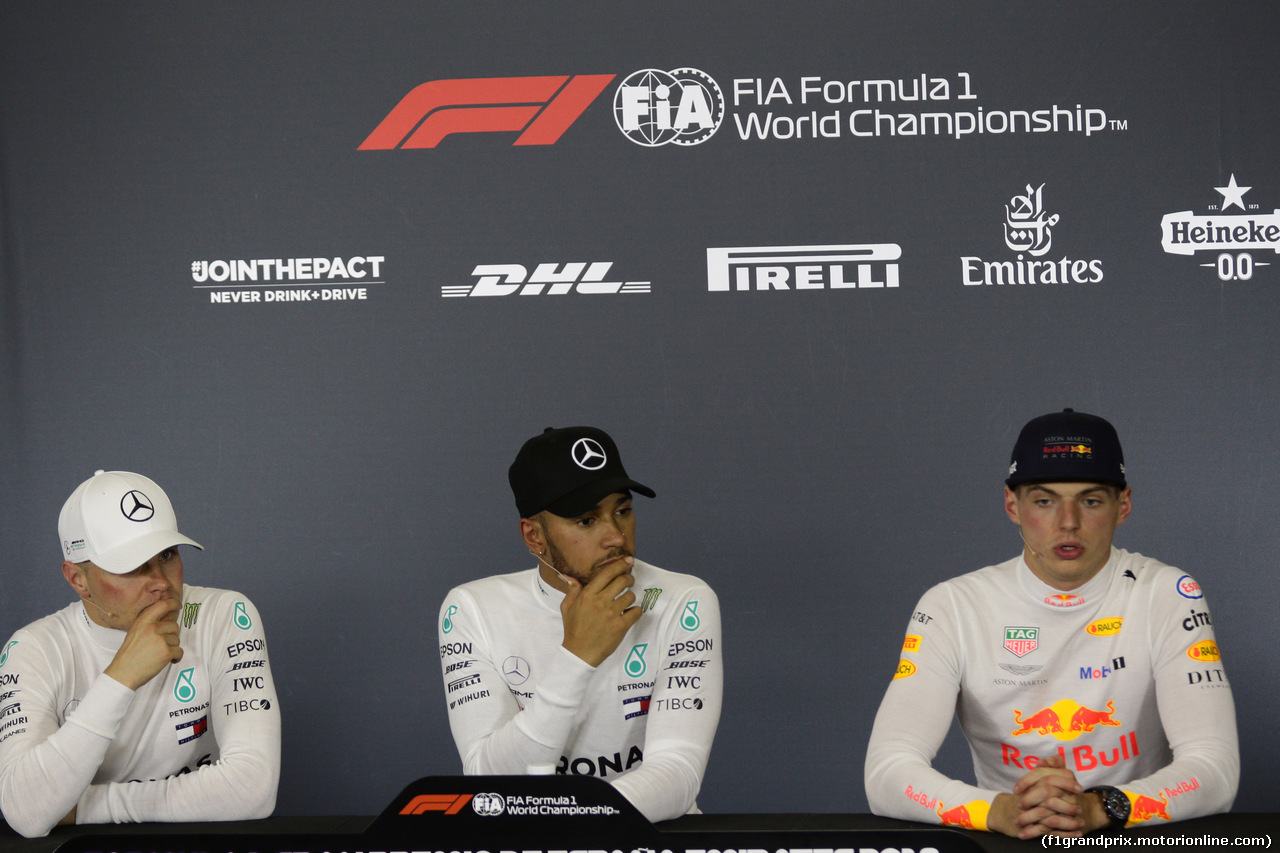 GP SPAGNA, 13.05.2018 - Gara, Conferenza Stampa, Valtteri Bottas (FIN) Mercedes AMG F1 W09, Lewis Hamilton (GBR) Mercedes AMG F1 W09 e Max Verstappen (NED) Red Bull Racing RB14