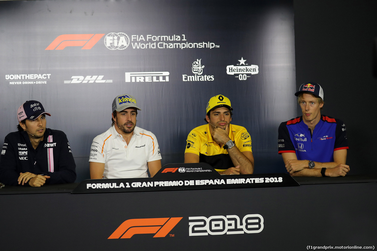 GP SPAGNA, 10.05.2018 - Conferenza Stampa, (L-R) Sergio Perez (MEX) Sahara Force India F1 VJM011, Fernando Alonso (ESP) McLaren MCL33, Carlos Sainz Jr (ESP) Renault Sport F1 Team RS18 e Brendon Hartley (NZL) Scuderia Toro Rosso STR13