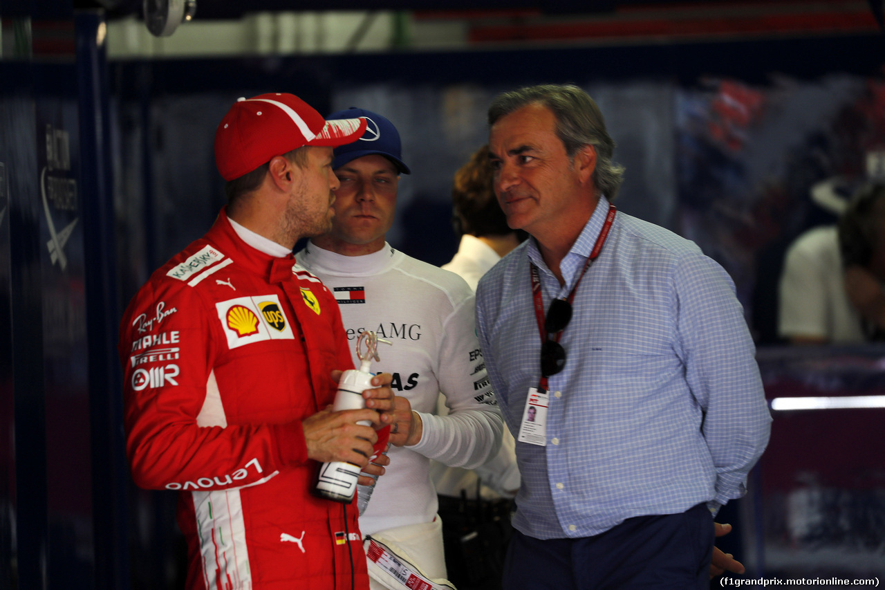 GP SPAGNA, 12.05.2018 - Qualifiche, Sebastian Vettel (GER) Ferrari SF71H, Valtteri Bottas (FIN) Mercedes AMG F1 W09 e Carlos Sainz (ESP) WRC Champion former