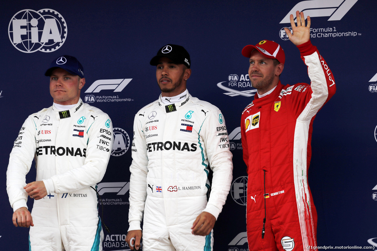 GP SPAGNA, 12.05.2018 - Qualifiche, 2nd place Valtteri Bottas (FIN) Mercedes AMG F1 W09, Lewis Hamilton (GBR) Mercedes AMG F1 W09 pole position e 3rd place Sebastian Vettel (GER) Ferrari SF71H