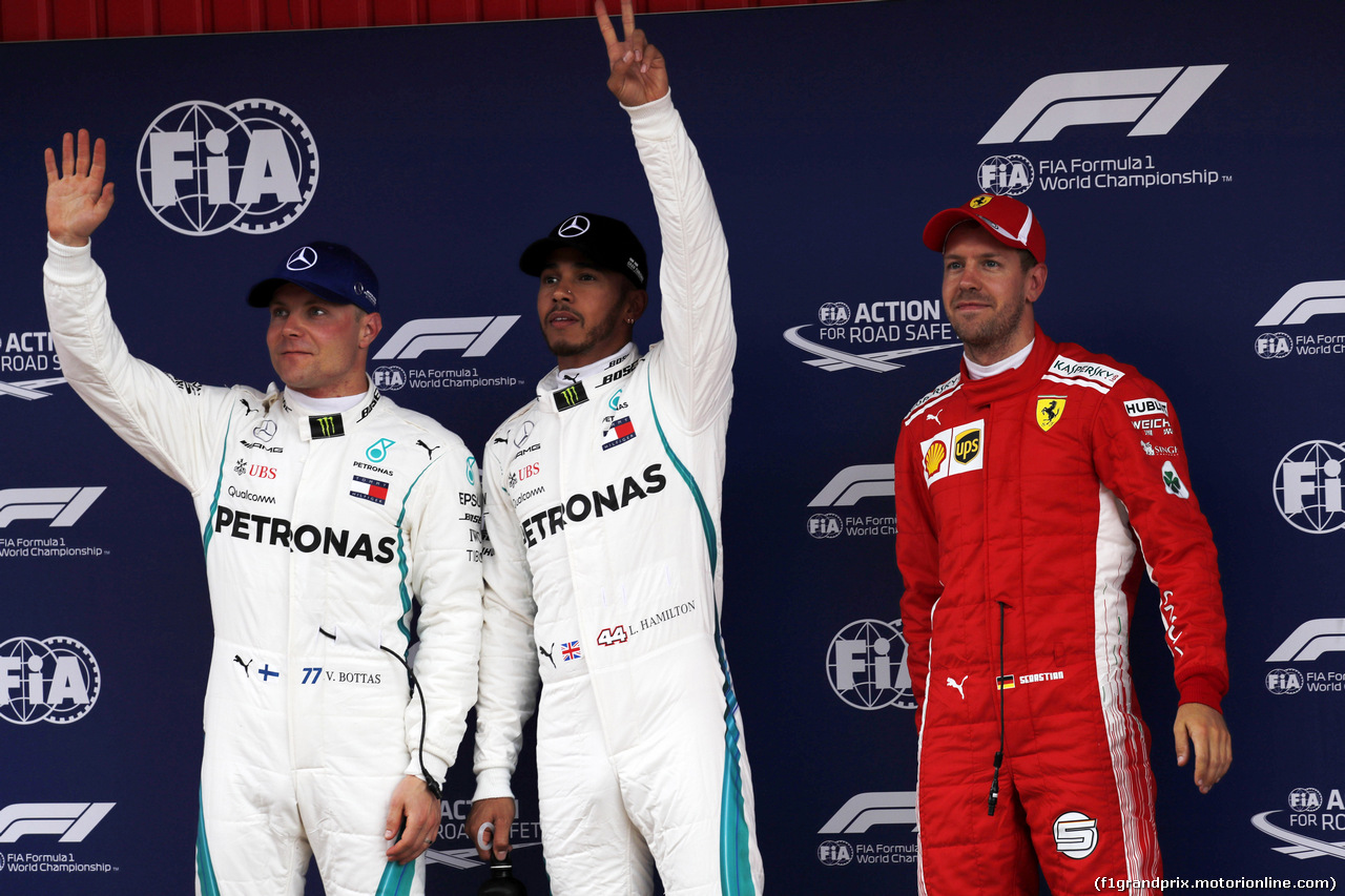GP SPAGNA, 12.05.2018 - Qualifiche, 2nd place Valtteri Bottas (FIN) Mercedes AMG F1 W09, Lewis Hamilton (GBR) Mercedes AMG F1 W09 pole position e 3rd place Sebastian Vettel (GER) Ferrari SF71H