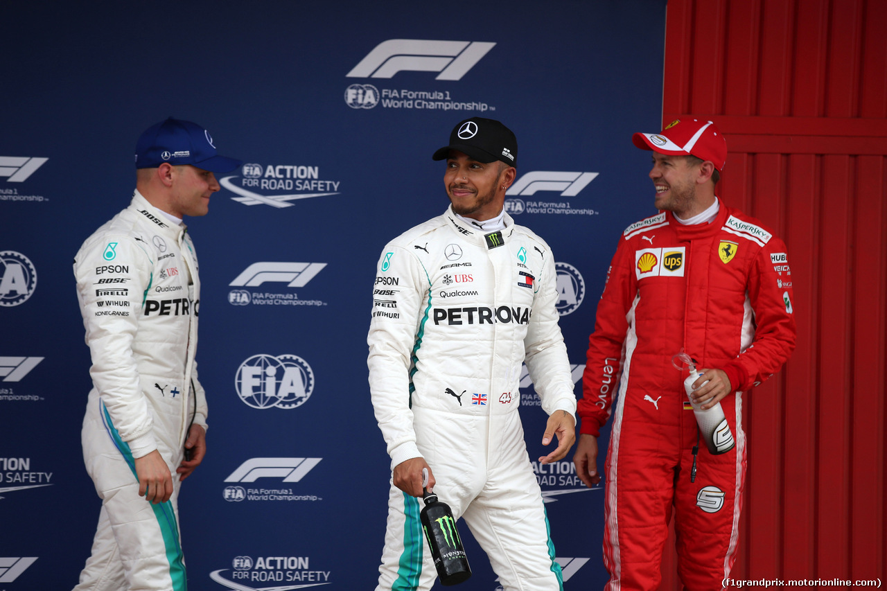GP SPAGNA, 12.05.2018 - Qualifiche, 2nd place Valtteri Bottas (FIN) Mercedes AMG F1 W09, Lewis Hamilton (GBR) Mercedes AMG F1 W09 pole position e 3rd place Sebastian Vettel (GER) Ferrari SF71H