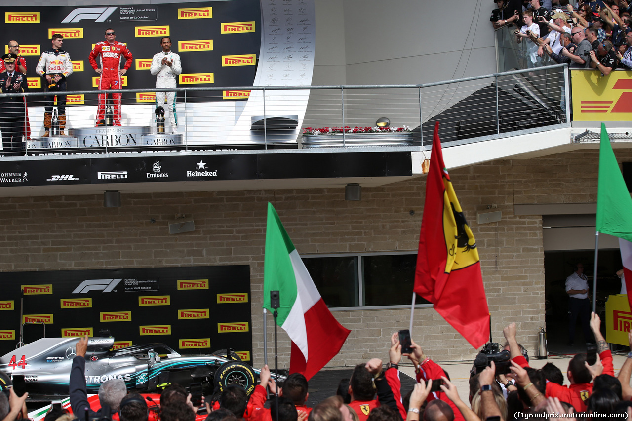 GP USA, 21.10.2018- Podium, winner Kimi Raikkonen (FIN) Ferrari SF71H, 2nd place Max Verstappen (NED) Red Bull Racing RB14 e 3rd place Lewis Hamilton (GBR) Mercedes AMG F1 W09